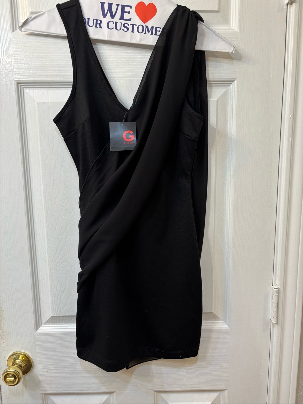 G by Guess Black Asymmetric One-Shoulder Draped Dress